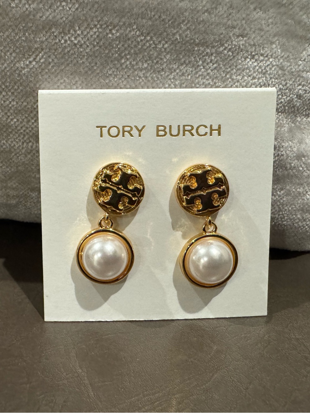 Tory Burch Gold Logo Drop Earrings with faux Pearl accents